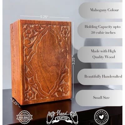 S'vaav's Handcrafted Wooden Cremation Urn Box for Ashes, Small Mahogany Carved - Thumbnail 2