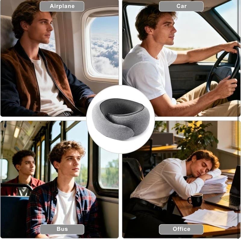 Ergonomic Memory Foam Travel Neck Pillow Set with 3D Eye Mask and Earplugs - Thumbnail 7