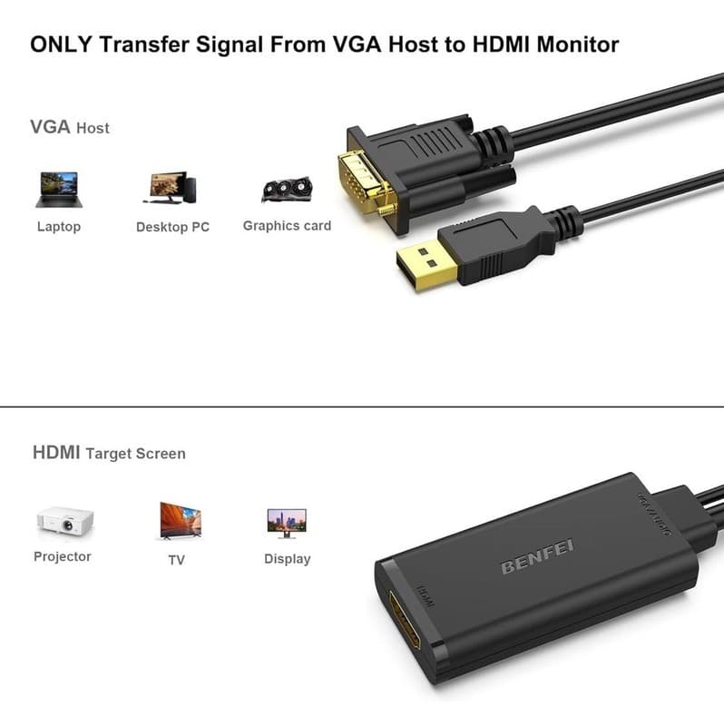 Benfei HDMI to VGA Adapter with Audio and USB Power Support, Gold-Plated - Thumbnail 3