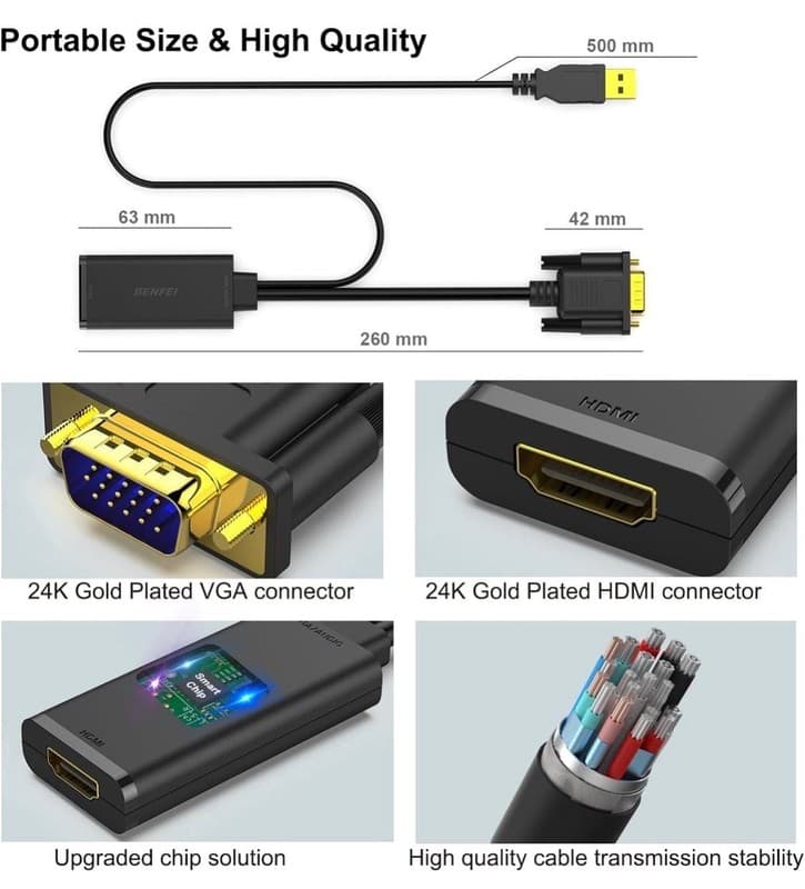 Benfei HDMI to VGA Adapter with Audio and USB Power Support, Gold-Plated - Thumbnail 6