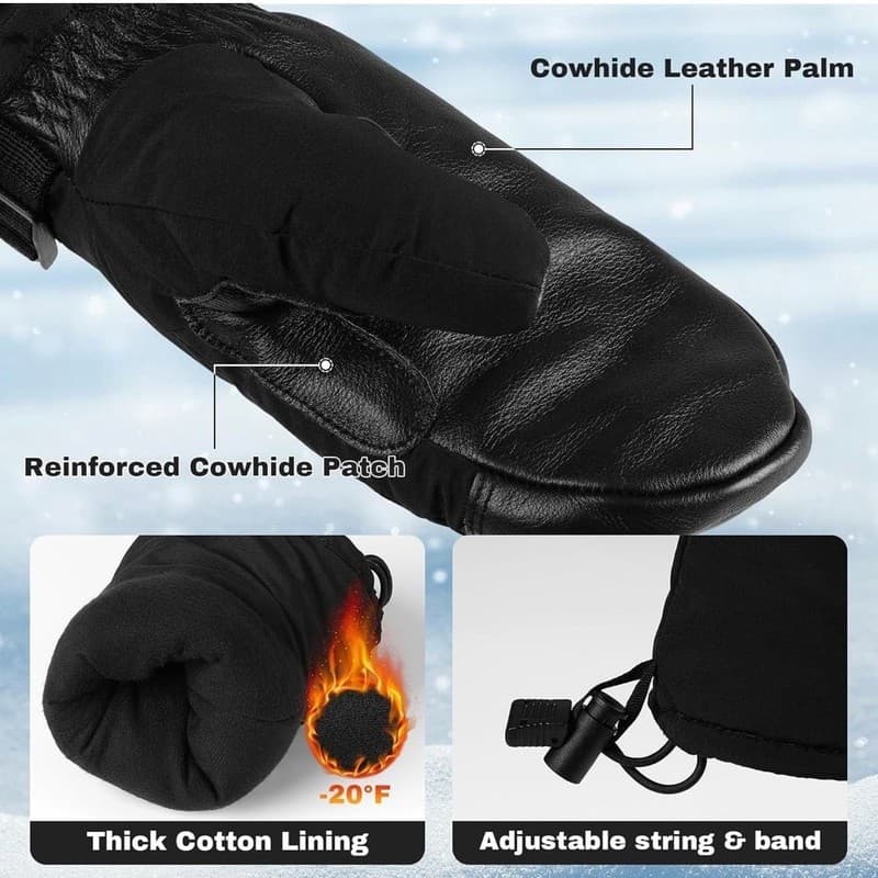 OZERO Unisex Cowhide Leather Palm Waterproof Winter Ski Mittens - Thumbnail 3