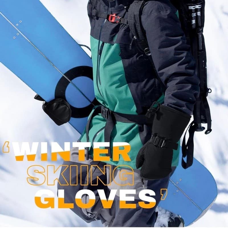 OZERO Unisex Cowhide Leather Palm Waterproof Winter Ski Mittens - Thumbnail 2