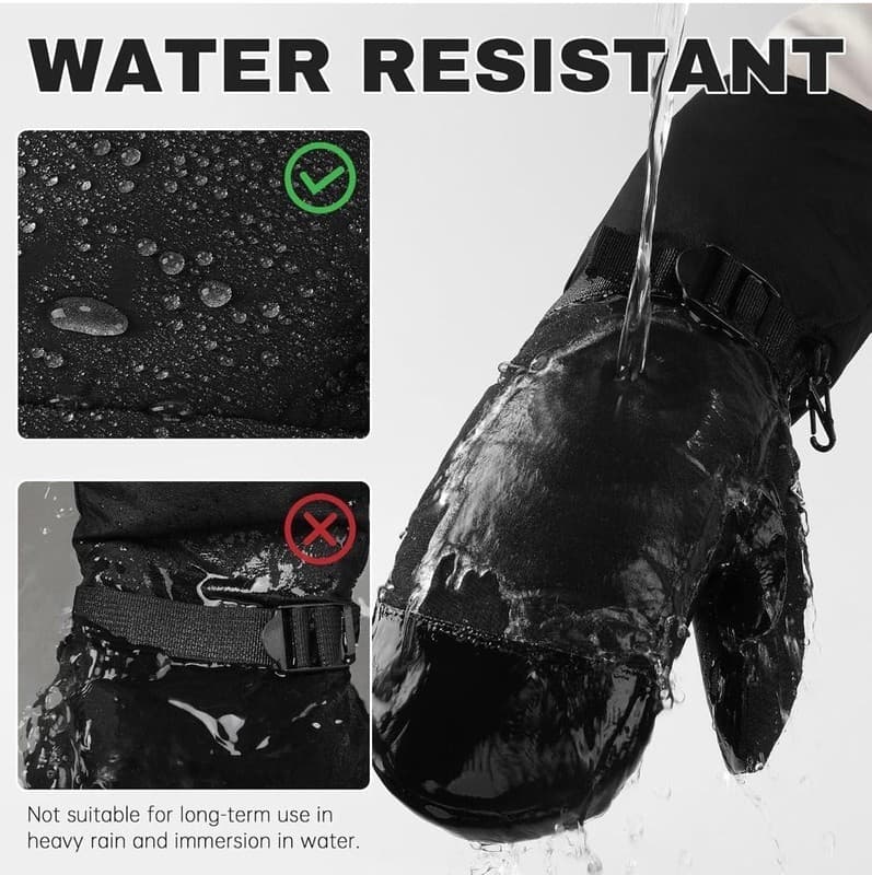 OZERO Unisex Cowhide Leather Palm Waterproof Winter Ski Mittens - Thumbnail 4