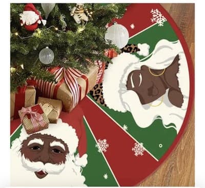 🎄 24" Red & Green Christmas Tree Skirt – Black Santa & Mrs. Claus Design