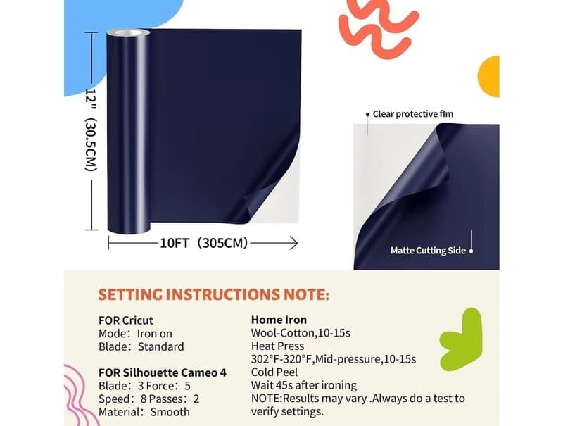 JAVIGA Navy Blue HTV Heat Transfer Vinyl Roll 12 inch x 10ft for T-Shirts and DI - Thumbnail 6