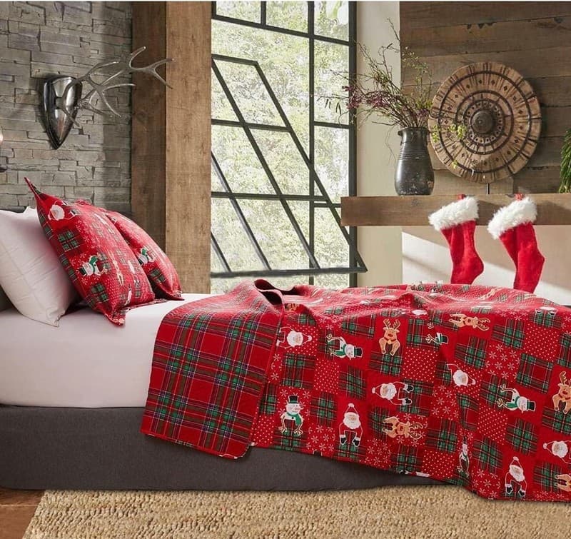King Size 3-Piece Christmas Patchwork Quilt Set, Santa Snowman Reindeer Plaid Re - Thumbnail 4