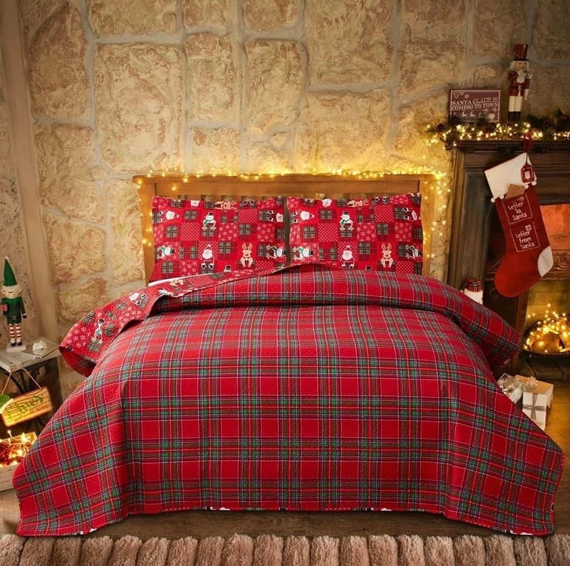 King Size 3-Piece Christmas Patchwork Quilt Set, Santa Snowman Reindeer Plaid Re - Thumbnail 2