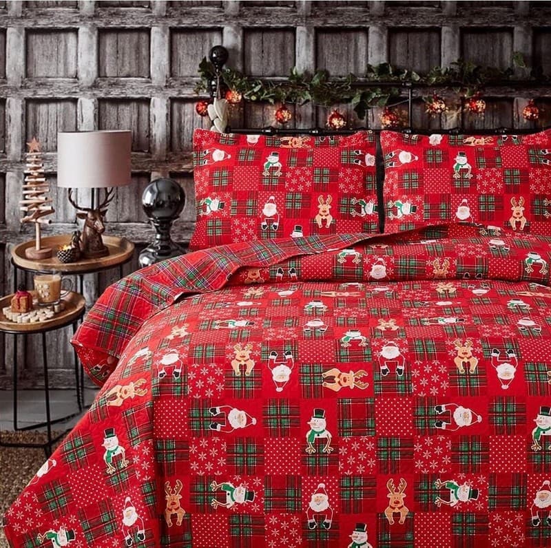 King Size 3-Piece Christmas Patchwork Quilt Set, Santa Snowman Reindeer Plaid Re - Thumbnail 7