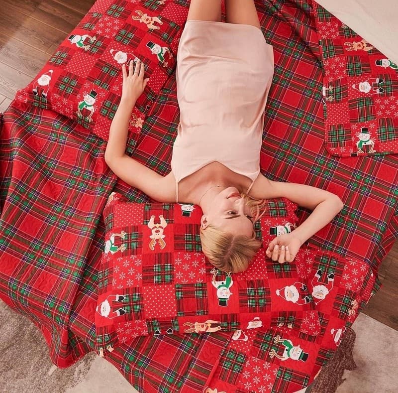 King Size 3-Piece Christmas Patchwork Quilt Set, Santa Snowman Reindeer Plaid Re - Thumbnail 3
