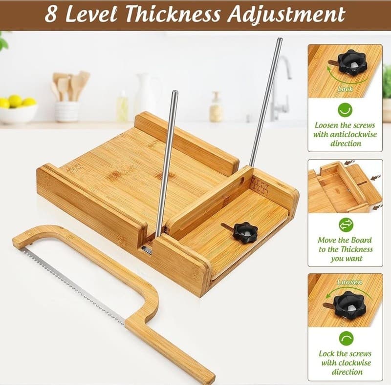 ZONGALL Bamboo Bread Slicer with Adjustable Thickness Guide and Bow Knife Set - Thumbnail 3