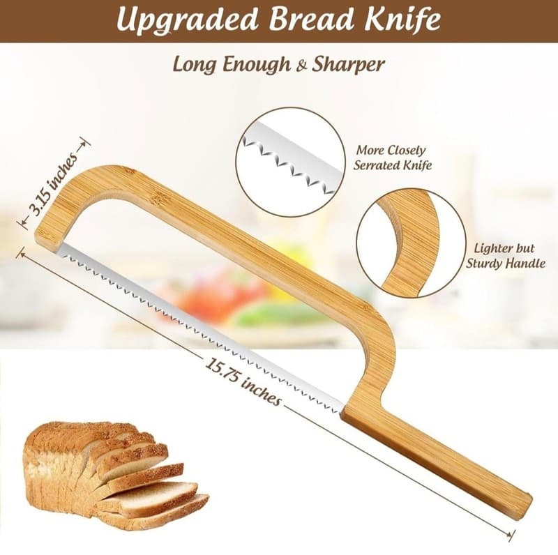 ZONGALL Bamboo Bread Slicer with Adjustable Thickness Guide and Bow Knife Set - Thumbnail 2