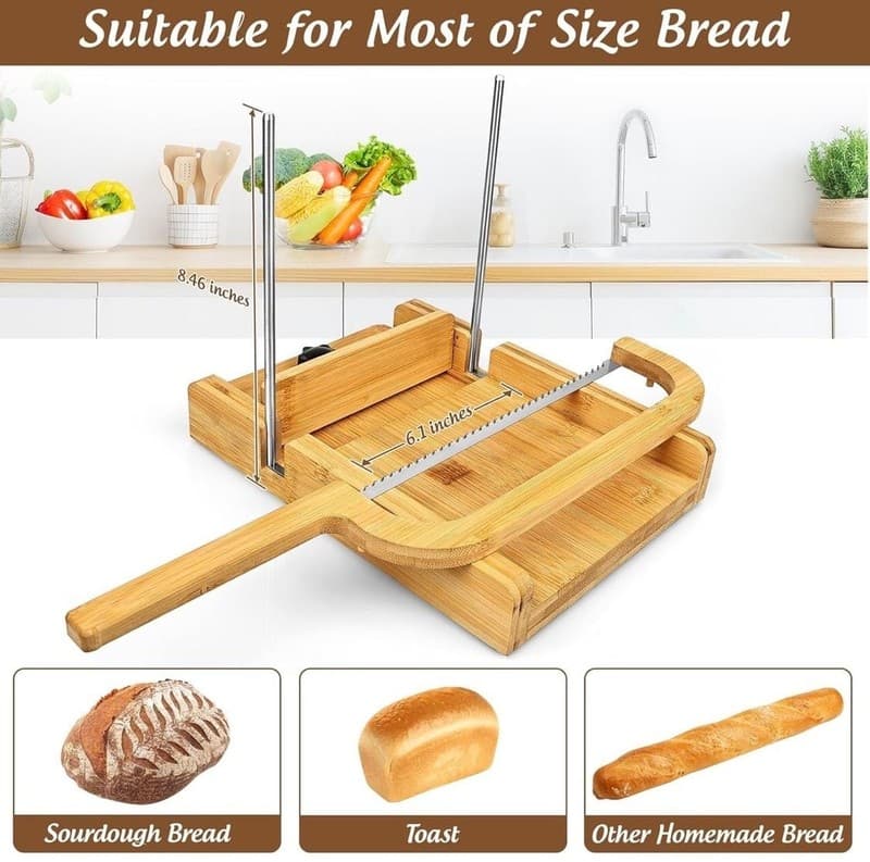 ZONGALL Bamboo Bread Slicer with Adjustable Thickness Guide and Bow Knife Set - Thumbnail 4
