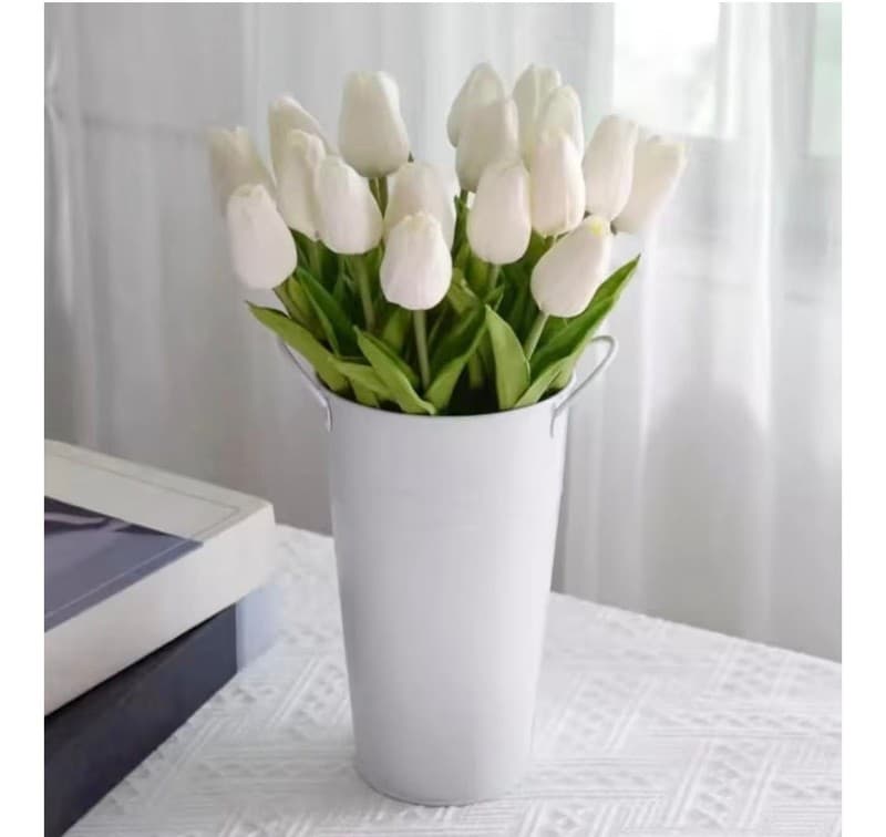 HIMUTAIN 20-Piece Artificial White Tulip Bouquet with Gift Box and Ribbon - Thumbnail 7