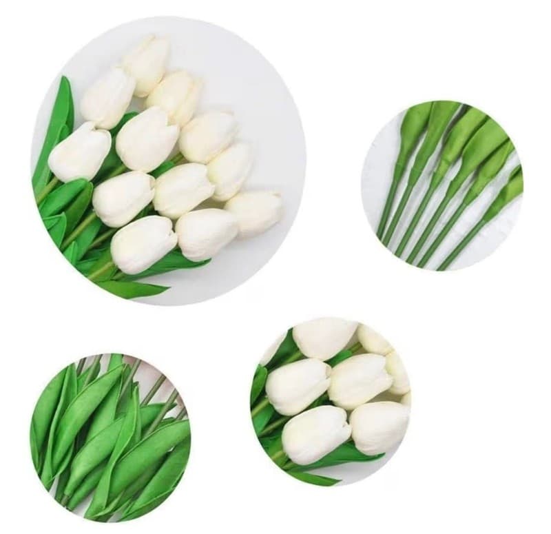 HIMUTAIN 20-Piece Artificial White Tulip Bouquet with Gift Box and Ribbon - Thumbnail 6