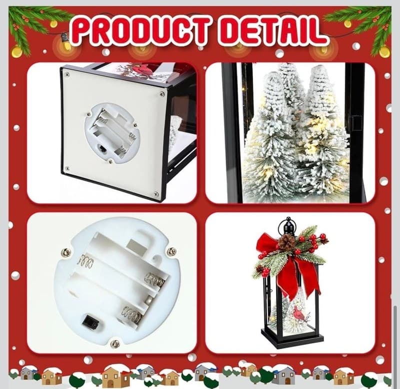 Tuanse 12.4" Lighted Christmas Lantern with Snowy Trees and Cardinal, Battery Op - Thumbnail 4
