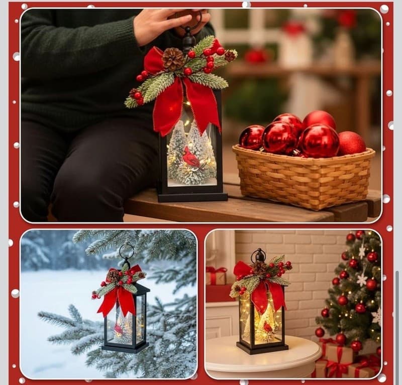 Tuanse 12.4" Lighted Christmas Lantern with Snowy Trees and Cardinal, Battery Op - Thumbnail 5