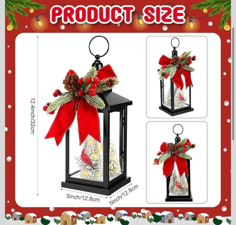 Tuanse 12.4" Lighted Christmas Lantern with Snowy Trees and Cardinal, Battery Op - Thumbnail 2