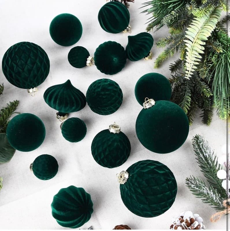 28pcs Dark Green Flocked Velvet Christmas Ornaments Set, Shatterproof Assorted S - Thumbnail 5