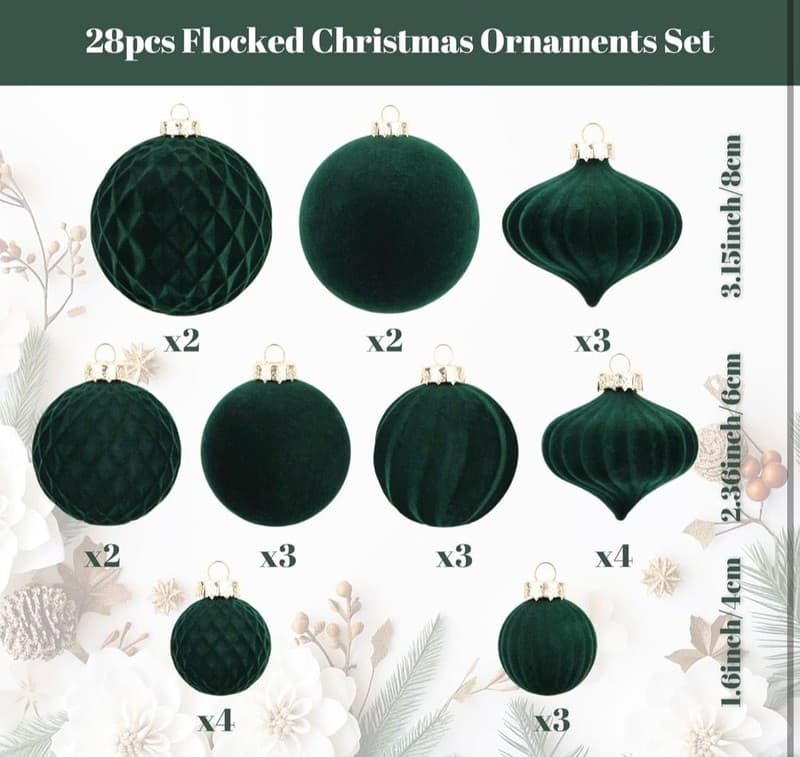 28pcs Dark Green Flocked Velvet Christmas Ornaments Set, Shatterproof Assorted S - Thumbnail 3