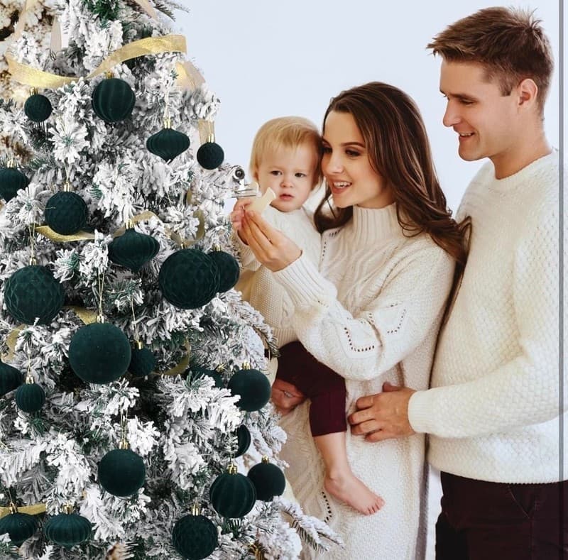 28pcs Dark Green Flocked Velvet Christmas Ornaments Set, Shatterproof Assorted S - Thumbnail 7