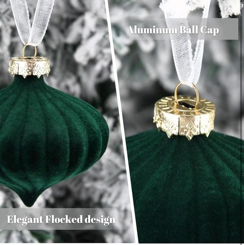 28pcs Dark Green Flocked Velvet Christmas Ornaments Set, Shatterproof Assorted S - Thumbnail 4