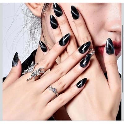 GLAMERMAID Black Cat Eye Handmade Press On Nails Medium Almond - Thumbnail 2