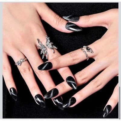 GLAMERMAID Black Cat Eye Handmade Press On Nails Medium Almond - Thumbnail 4