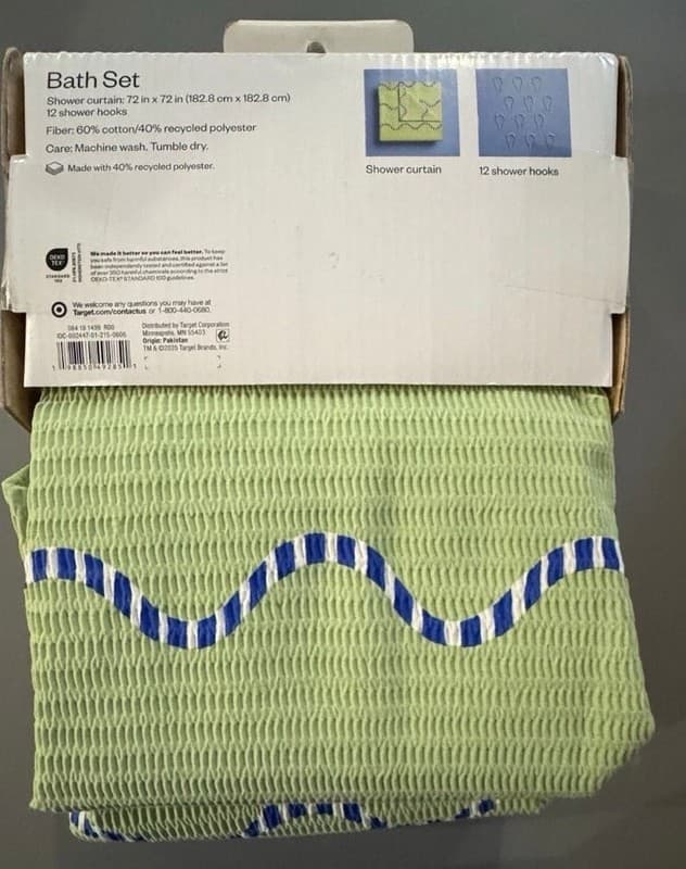 Room Essentials 13-Piece Bath Set Green Seersucker Shower Curtain & Hooks 72x72 - Thumbnail 3