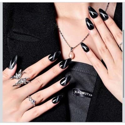 GLAMERMAID Black Cat Eye Handmade Press On Nails Medium Almond - Thumbnail 3