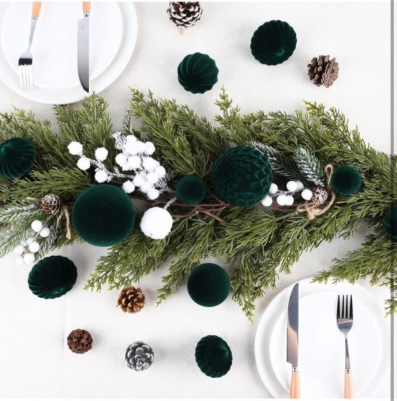 28pcs Dark Green Flocked Velvet Christmas Ornaments Set, Shatterproof Assorted S - Thumbnail 2