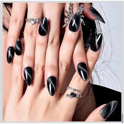 GLAMERMAID Black Cat Eye Handmade Press On Nails Medium Almond - Thumbnail 5