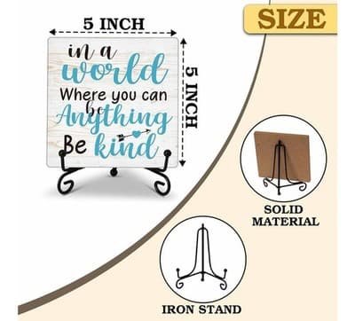 Inspirational Wood Plaque – “In a World… Be Kind” – 5x5 Decor with Iron Stand - Thumbnail 2