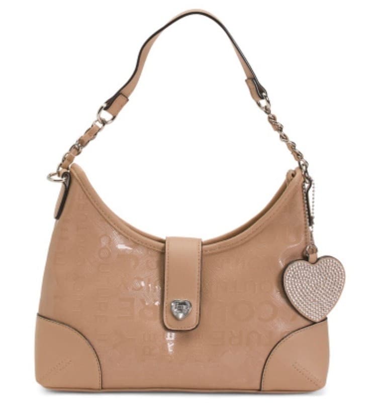 Juicy Couture Pecan Tan Monogram Faux Leather Shoulder Bag with Heart Charm