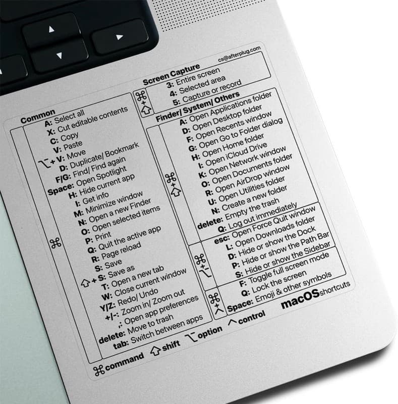 Afterplug Mac OS Keyboard Shortcuts Vinyl Reference Sticker for MacBook Pro & Ai