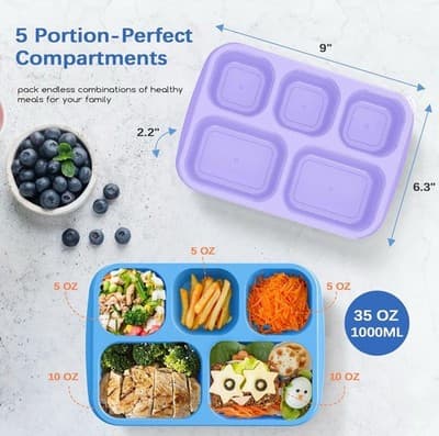 KHOXU Bento Lunch Box – 4 Pack (5-Compartment Containers) - Thumbnail 3