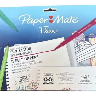 Paper Mate Flair Felt Tip Pens 12-Pack (9 Medium Point + 3 Dual Brush Pens) - Thumbnail 2