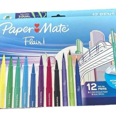 Paper Mate Flair Felt Tip Pens 12-Pack (9 Medium Point + 3 Dual Brush Pens)