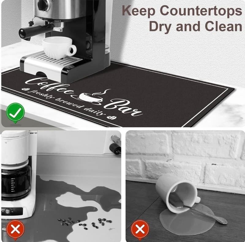 CooRug Absorbent Coffee Bar Mat for Countertop - 12" x 20" Black Rubber Backed D - Thumbnail 4