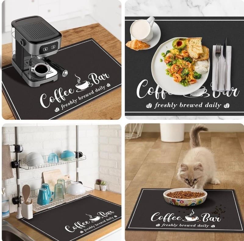 CooRug Absorbent Coffee Bar Mat for Countertop - 12" x 20" Black Rubber Backed D - Thumbnail 6