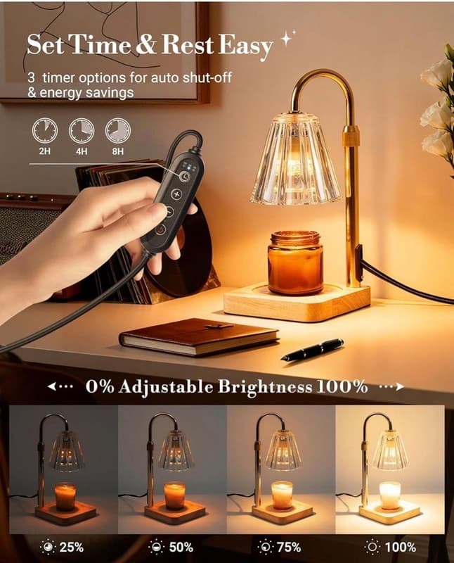 Marycele Adjustable Height Candle Warmer Lamp with Timer and Dimmable Glass Shad - Thumbnail 4