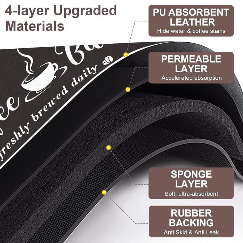 CooRug Absorbent Coffee Bar Mat for Countertop - 12" x 20" Black Rubber Backed D - Thumbnail 5