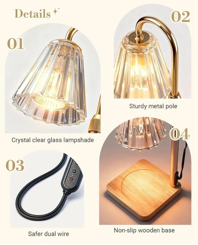 Marycele Adjustable Height Candle Warmer Lamp with Timer and Dimmable Glass Shad - Thumbnail 7
