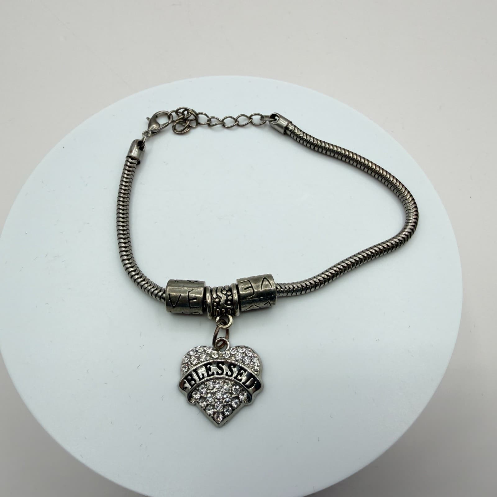 Vintage Silver Tone Snake Chain Charm Bracelet Rhinestone Blessed Heart Accent - Thumbnail 3