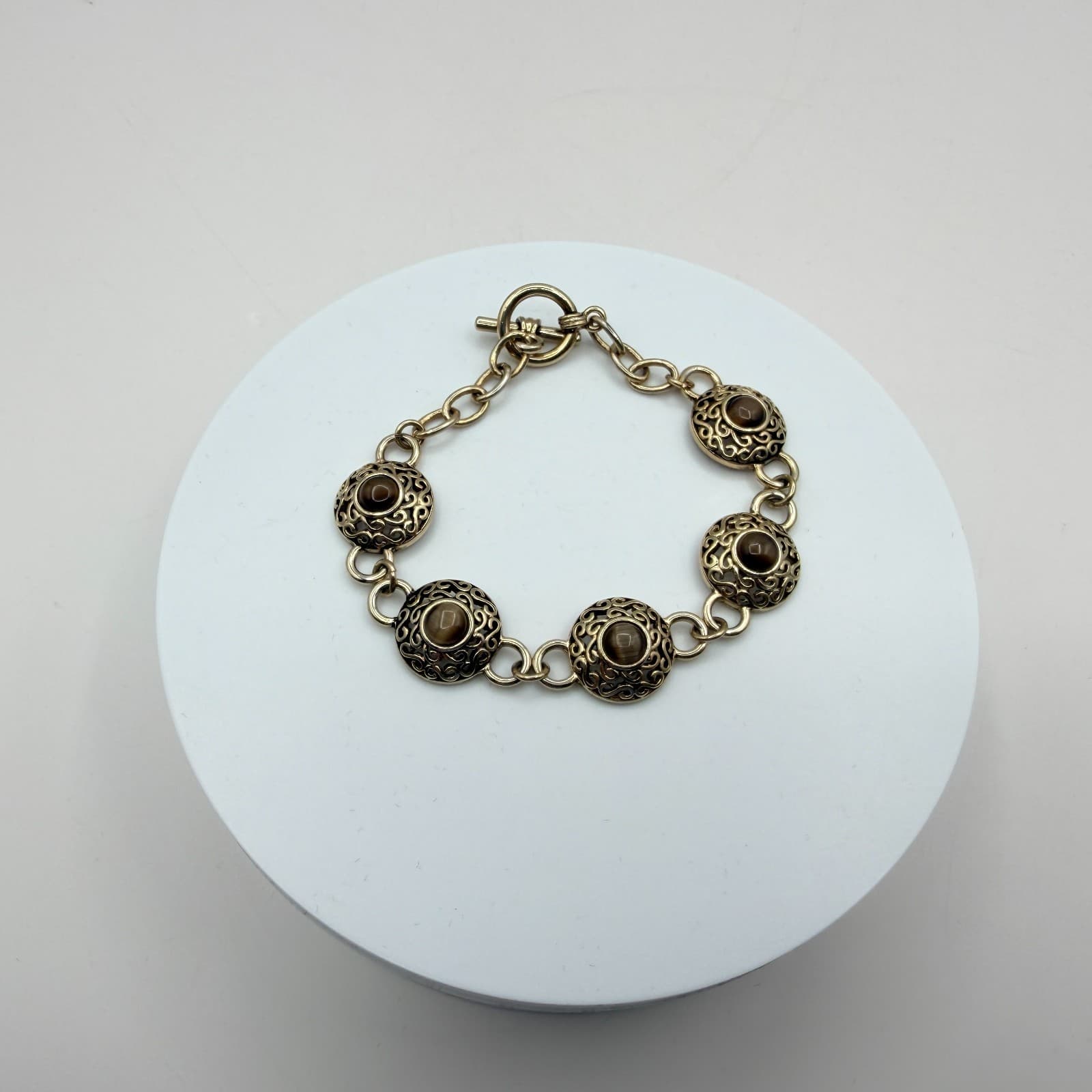 Vintage Gold Tone Chunky Medallion Link Bracelet Cat Eye Stone Brown Boho Y2K - Thumbnail 8