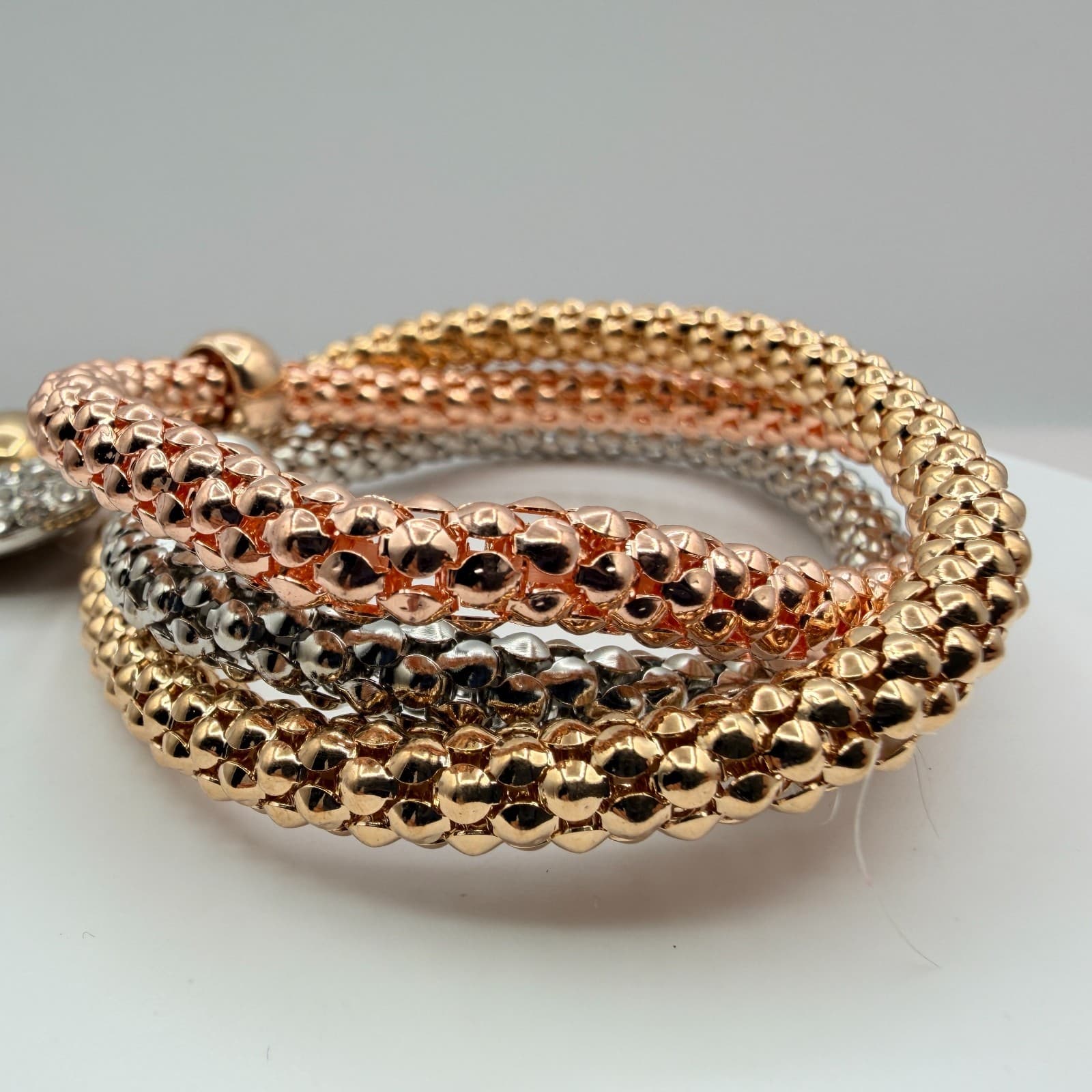 Vintage Tricolor Popcorn Stretch Bracelet Lot 3pc Heart Charm Rhinestone Pave - Thumbnail 6