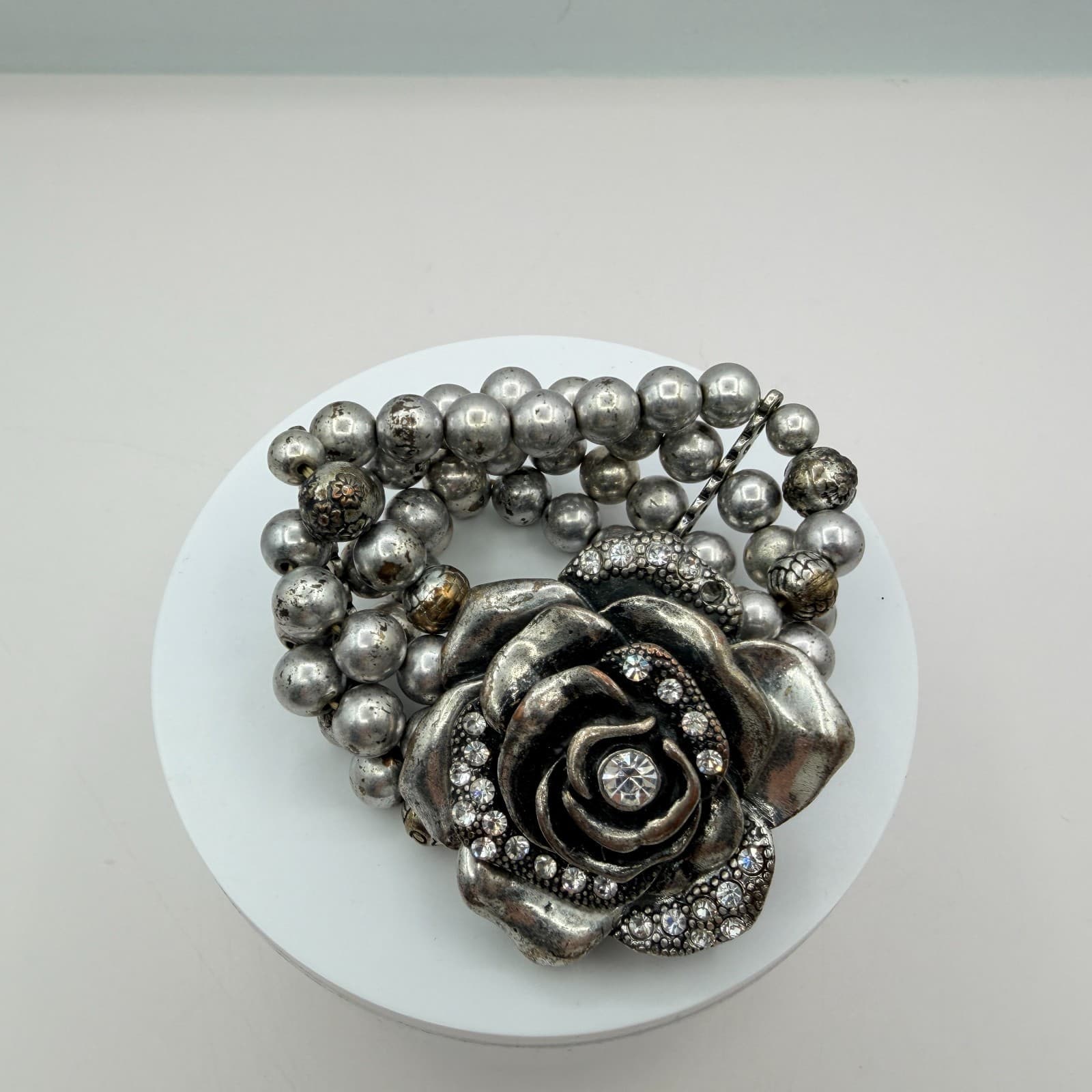 Vintage Silver Tone Chunky Stretch Bead Bracelet Large Rhinestone Rose Flower - Thumbnail 2