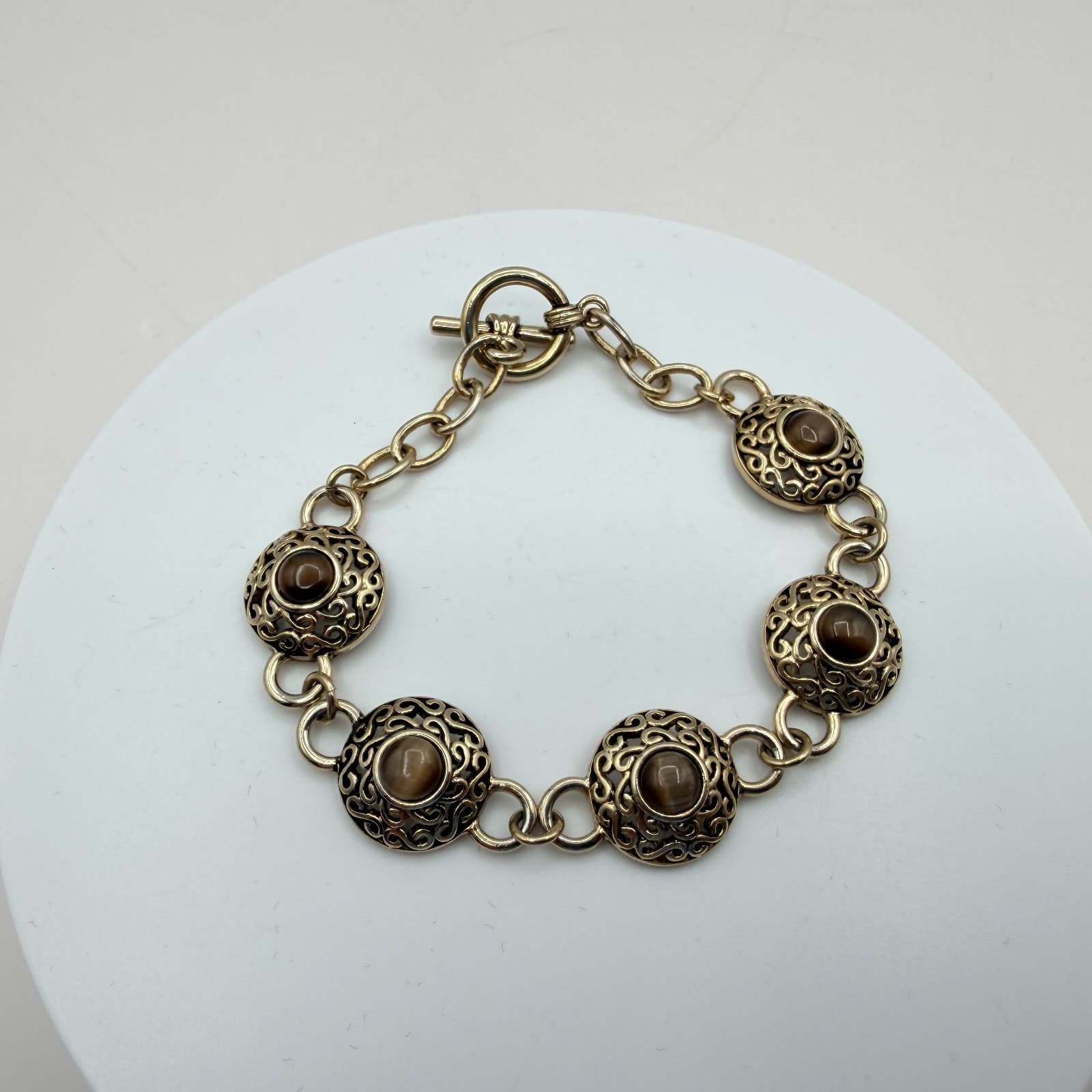 Vintage Gold Tone Chunky Medallion Link Bracelet Cat Eye Stone Brown Boho Y2K - Thumbnail 3