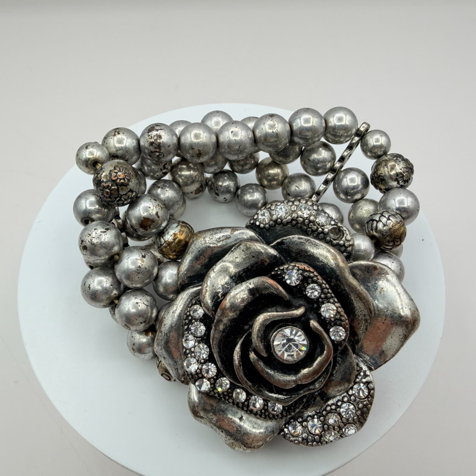 Vintage Silver Tone Chunky Stretch Bead Bracelet Large Rhinestone Rose Flower - Thumbnail 3