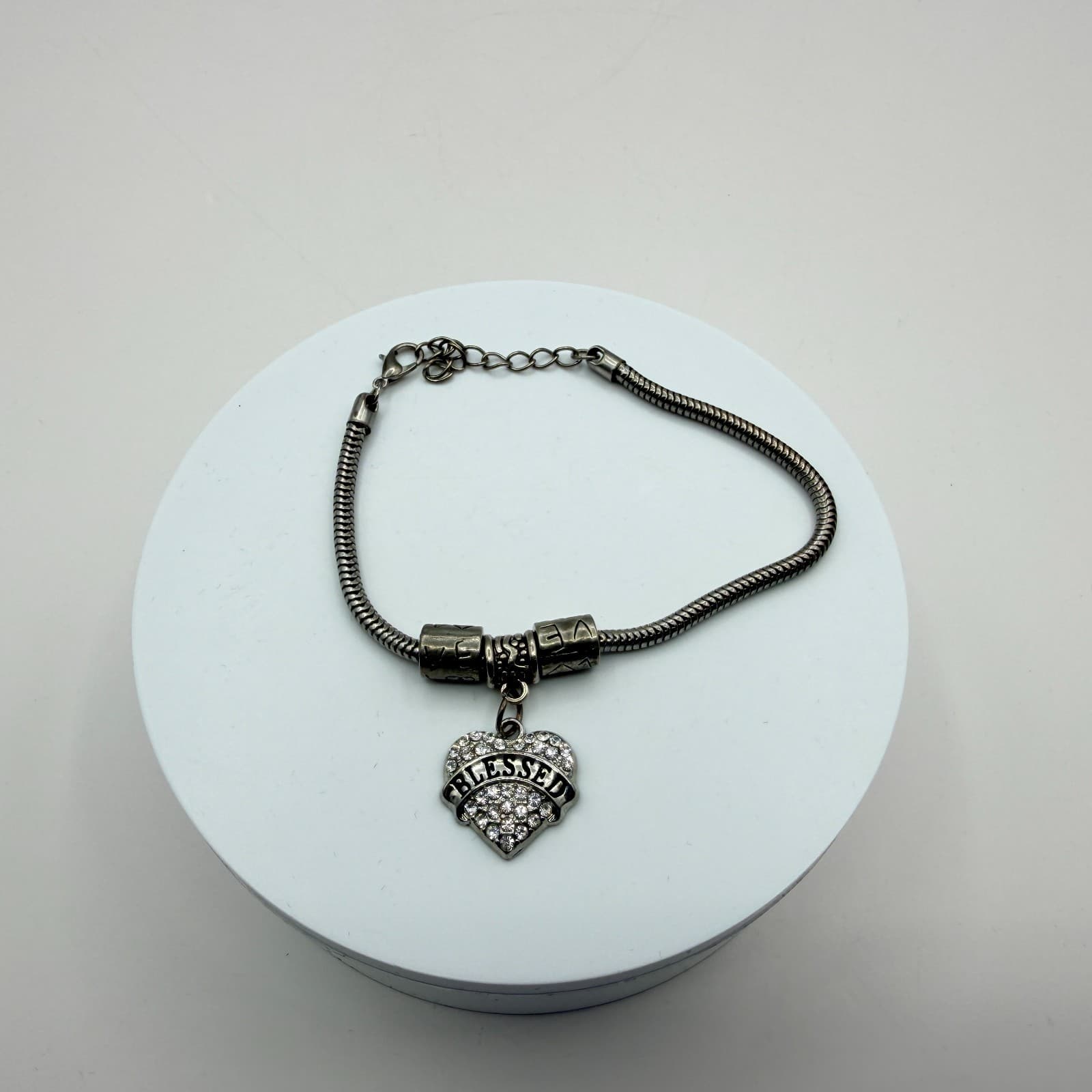 Vintage Silver Tone Snake Chain Charm Bracelet Rhinestone Blessed Heart Accent - Thumbnail 2