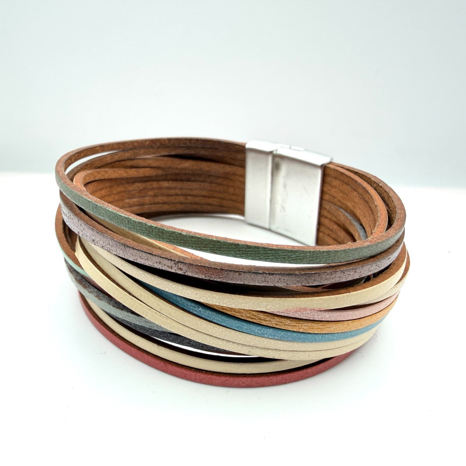 Vintage Multi Strand Leather Wrap Cuff Bracelet Magnetic Clasp Boho Multicolor